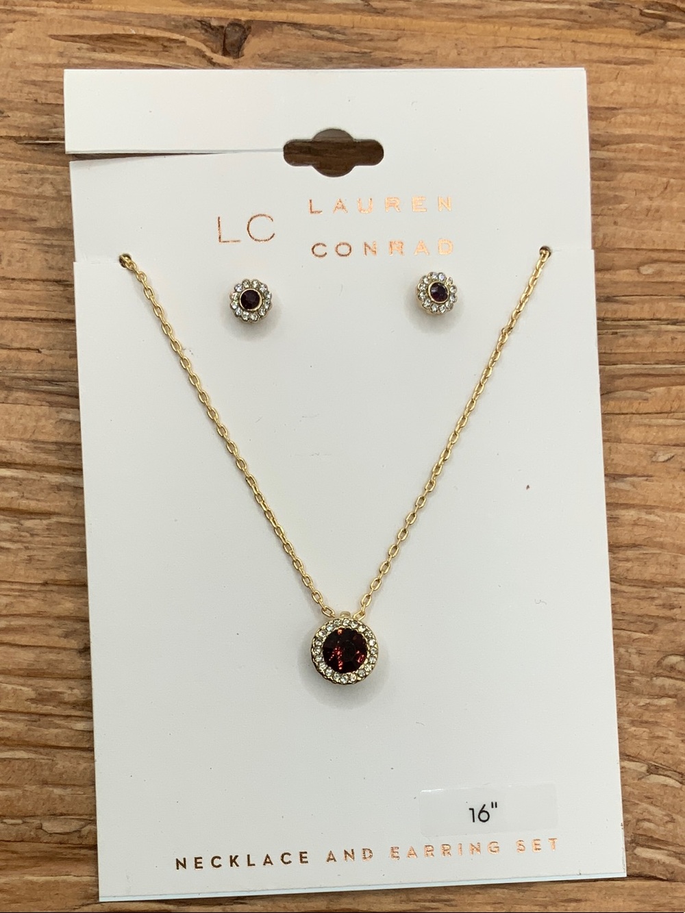 LC Lauren Conrad Gold Tone Necklace and Deep Red Crystal Stud Earrings Set - Picture 2 of 6